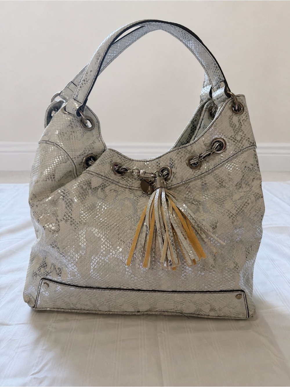 Nine West White Snakeskin-Effect Shoulder Bag with Tassel